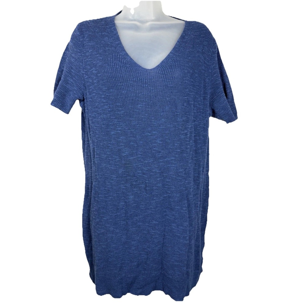 Eileen Fisher XL Blue Organic Linen Cotton V-Neck Short Sleeve Tunic Sweater